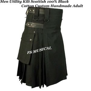 Utility Kilt 100% Black Cotton with Leather Straps